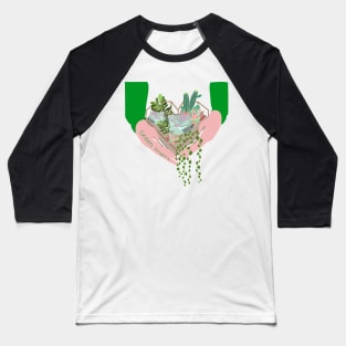 Green Fingers, girl holding succulent terrarium with cactus, agava, string of pearls Baseball T-Shirt